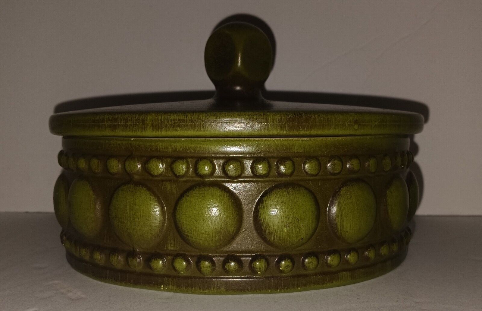 Haeger USA Round Ceramic Candy Dish w/Lid Olive Green MCM 1970’s 7\