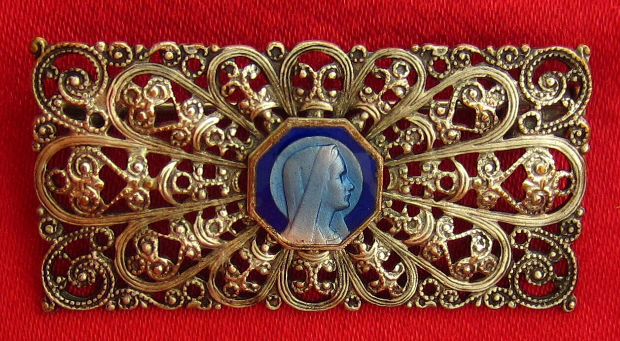 Antique MARY Pin Brooch Ornate Blue Enamel Religious Catholic VIRGIN MARY Pin