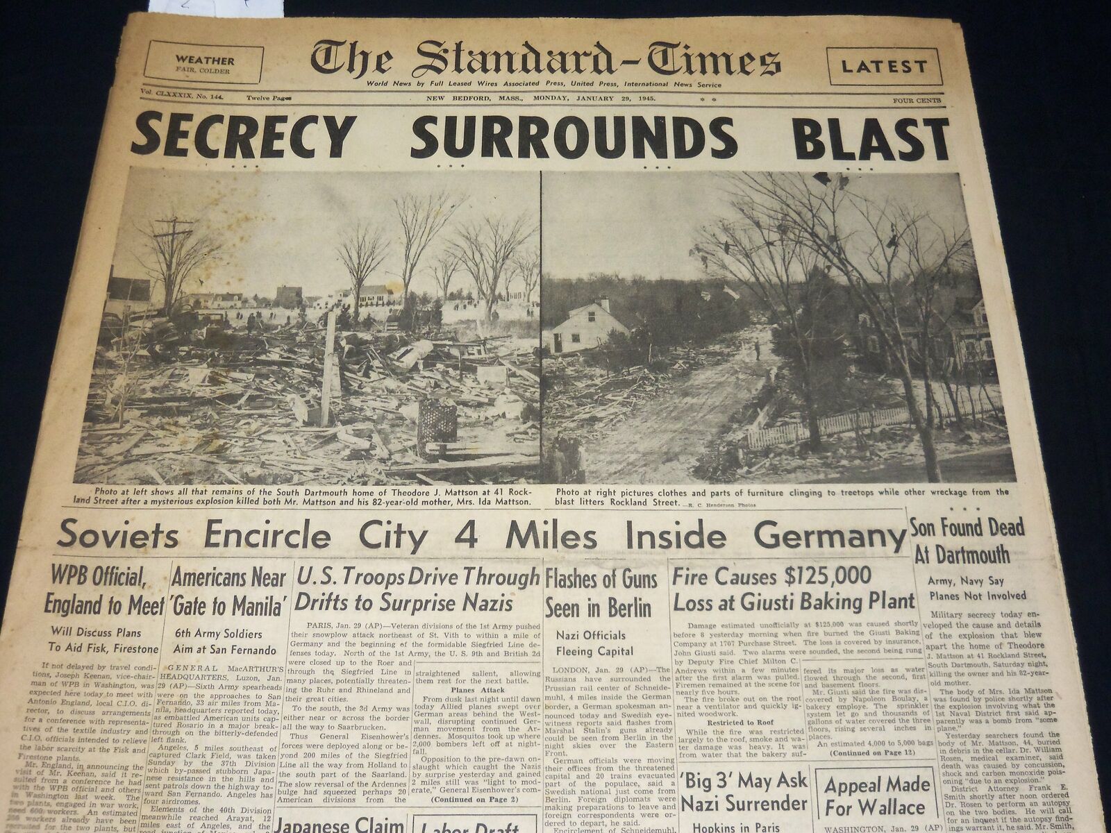 1945 JANUARY 29 NEW BEDFORD STANDARD TIMES - SECRECY SURROUNDS BLAST - NT 8905
