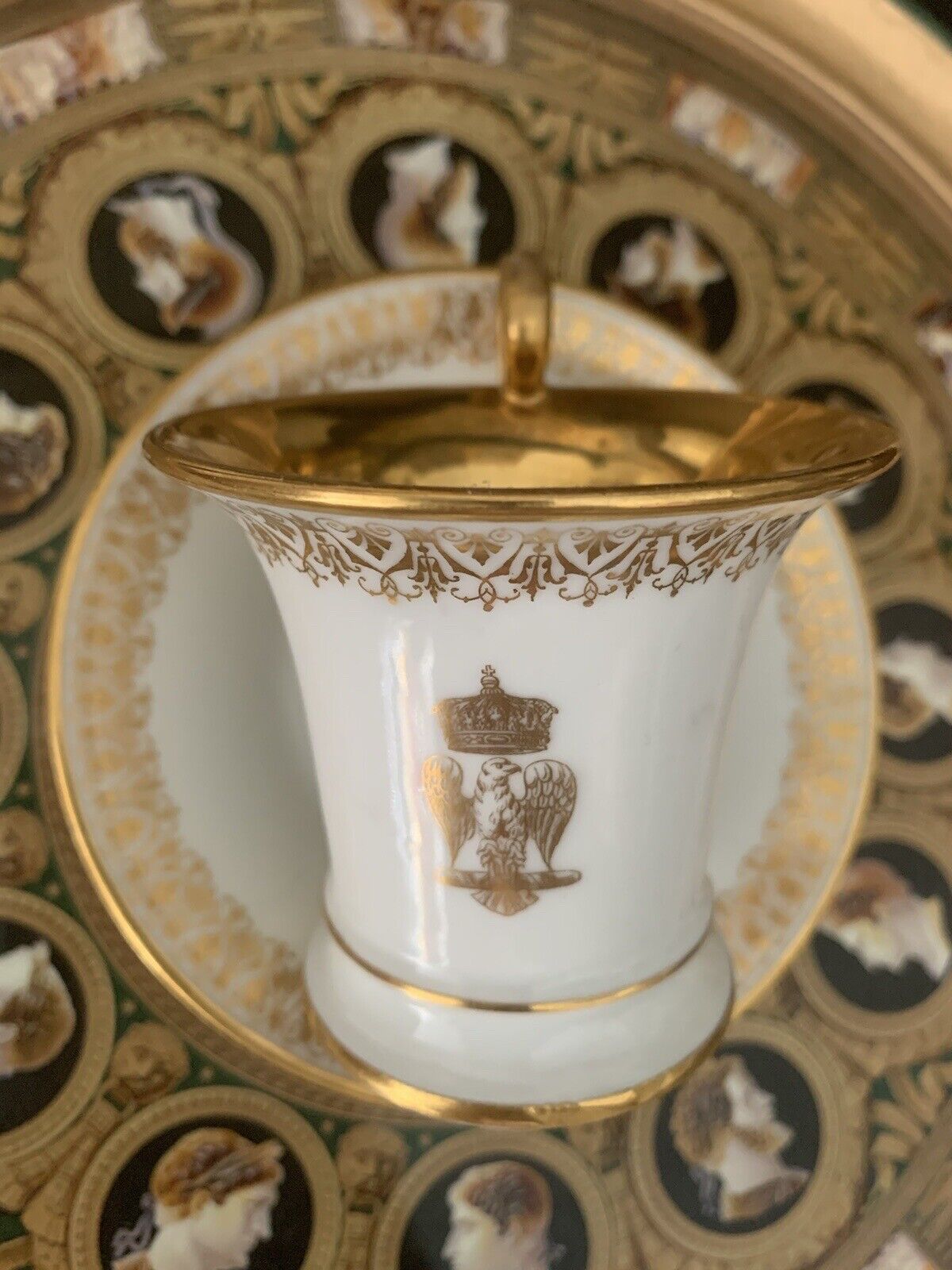 Antique M Imp le de Sevres Chocolate Cup & Saucer, Napoleon III Eagle Crown Gold
