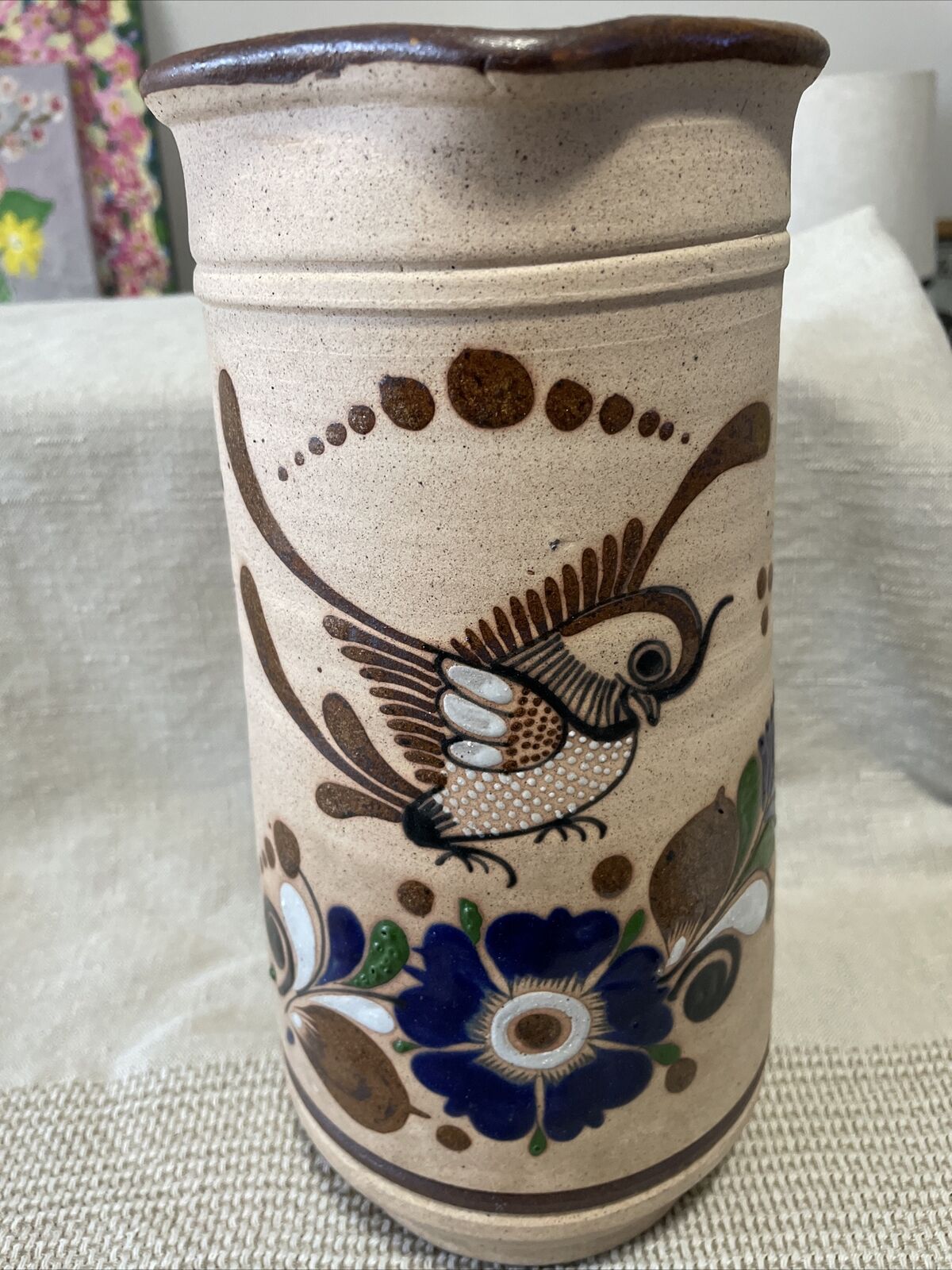 Tonal Signed Mexican Pottery Large Pitcher Floral Bird Motif Blue Brown