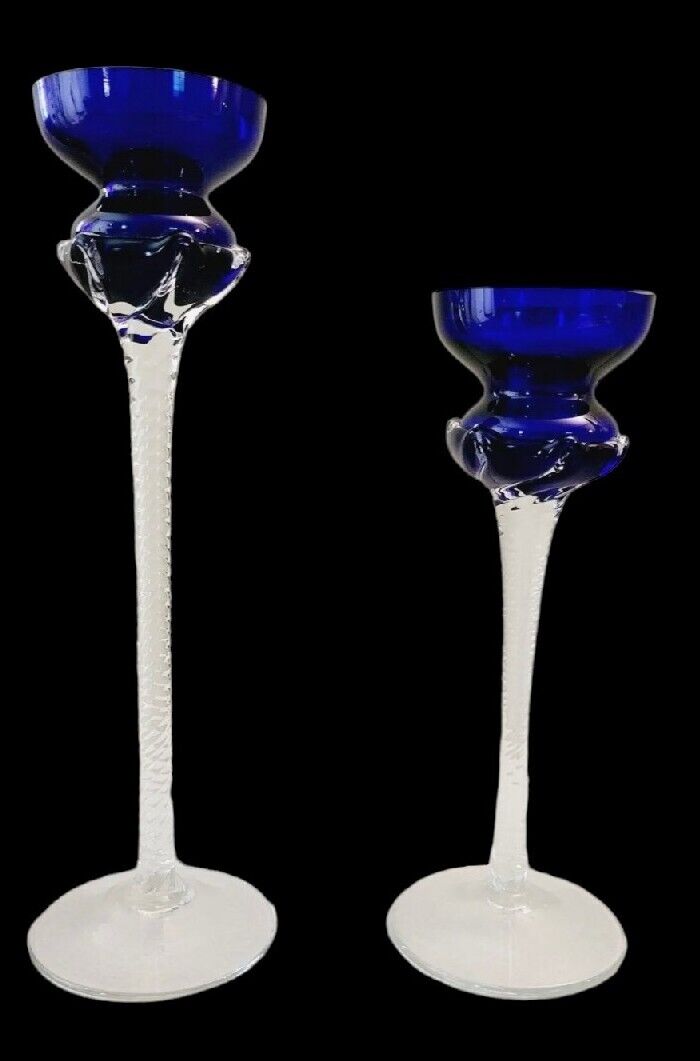 Hand Blown Romanian Cobalt Blue Candlestick Holders Clear Twisted Stem 2Pc Lot