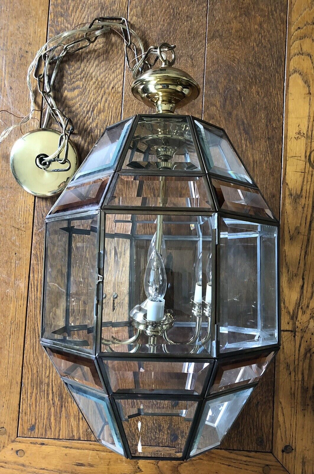 Vintage Fredrick Ramond Pendant Ceiling Light Chandelier Beveled Glass & Brass