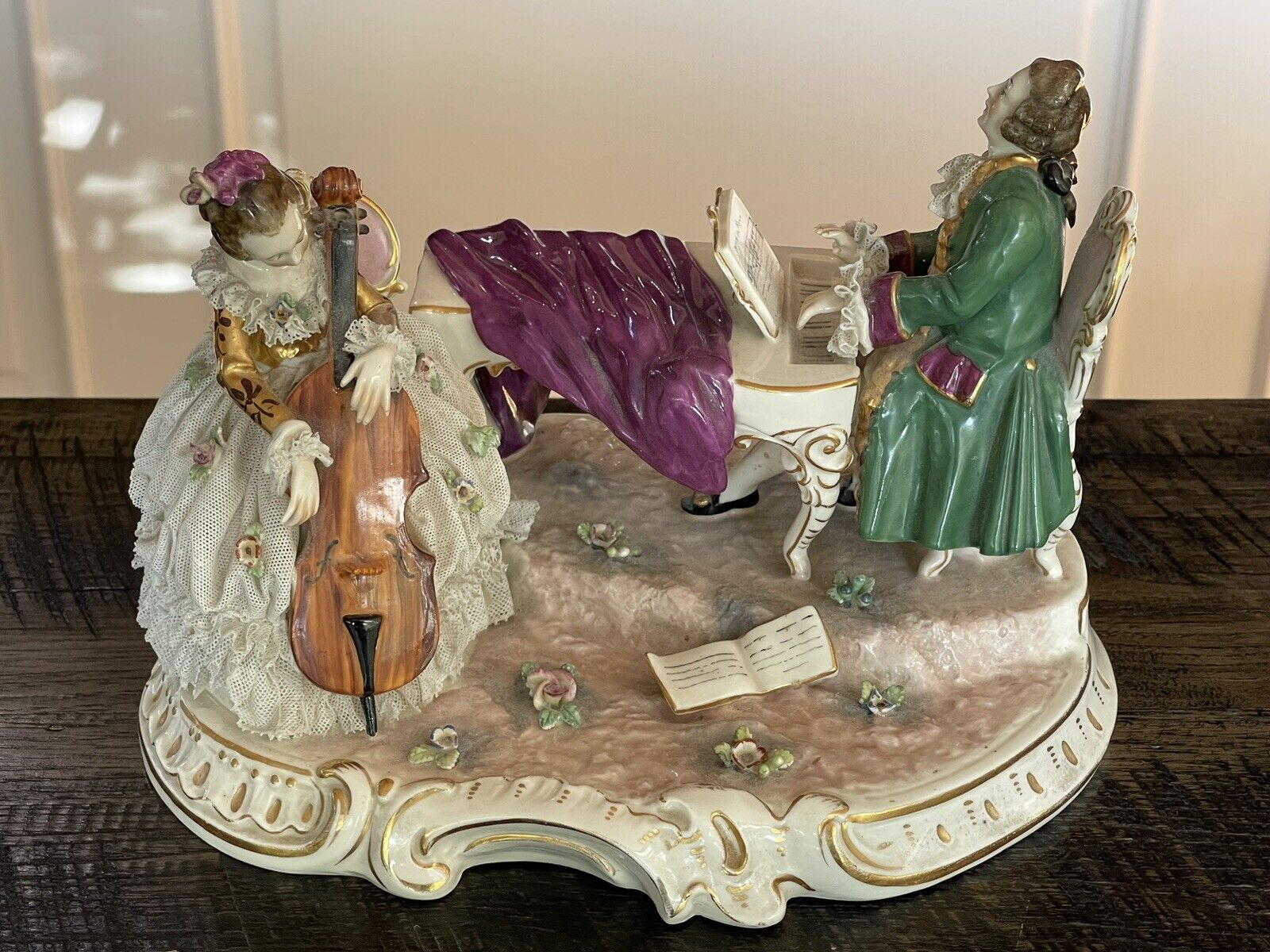 Large Vintage Dresden German Porcelain Lace Figurine Couple Playing Instrument
