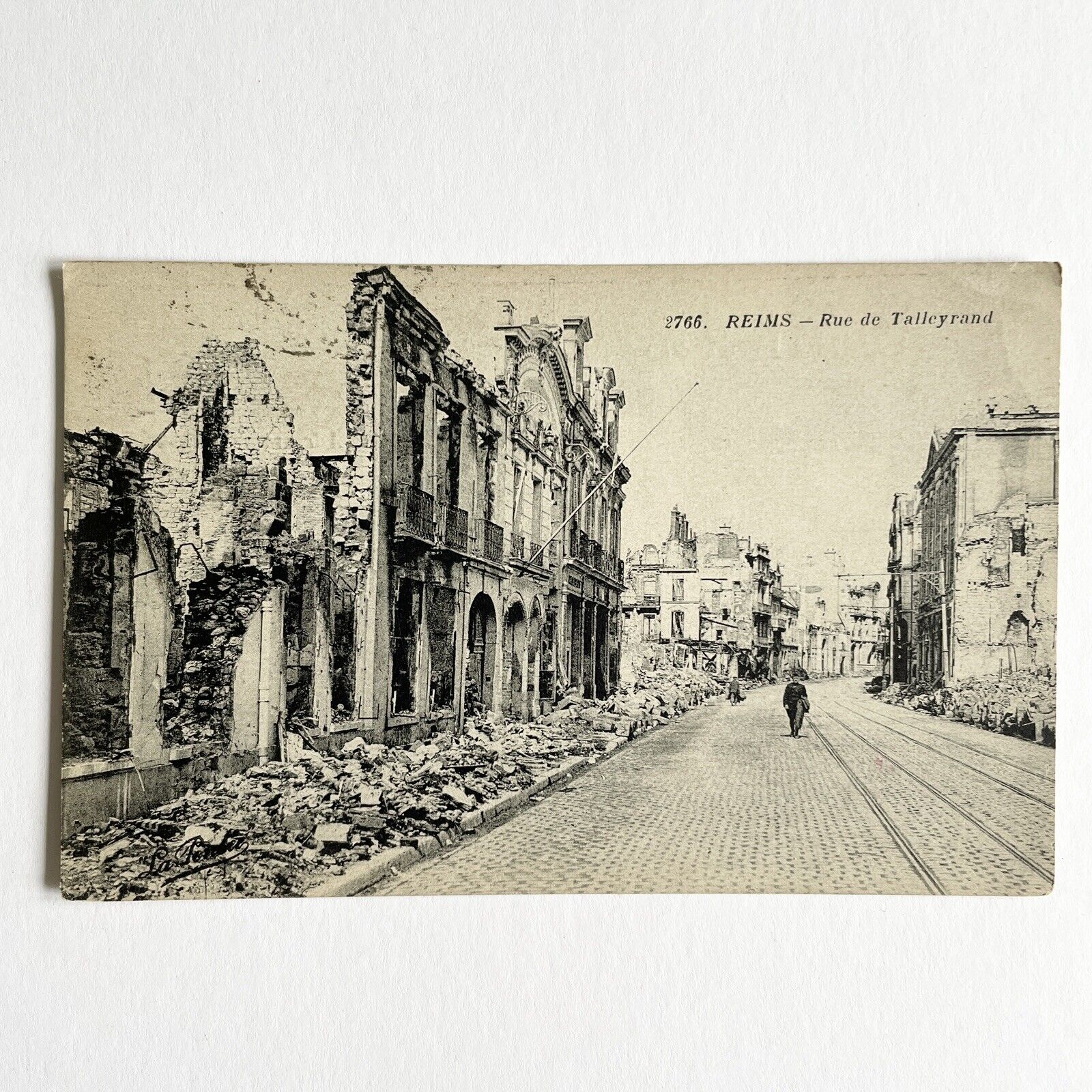WW1 Reims in Ruins Rue de Talleyrand 1922 Postcard ~ Man Walking Down Street