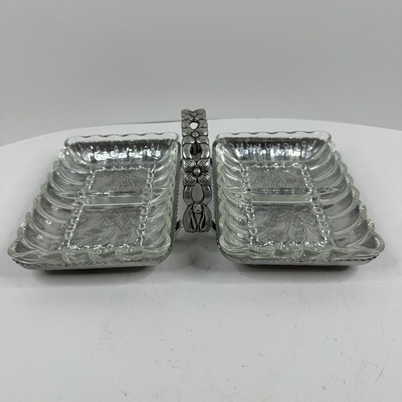Hammered Aluminum Tulip Design w/2 Pressed Glass 2 Section Relish Serving Dishes
