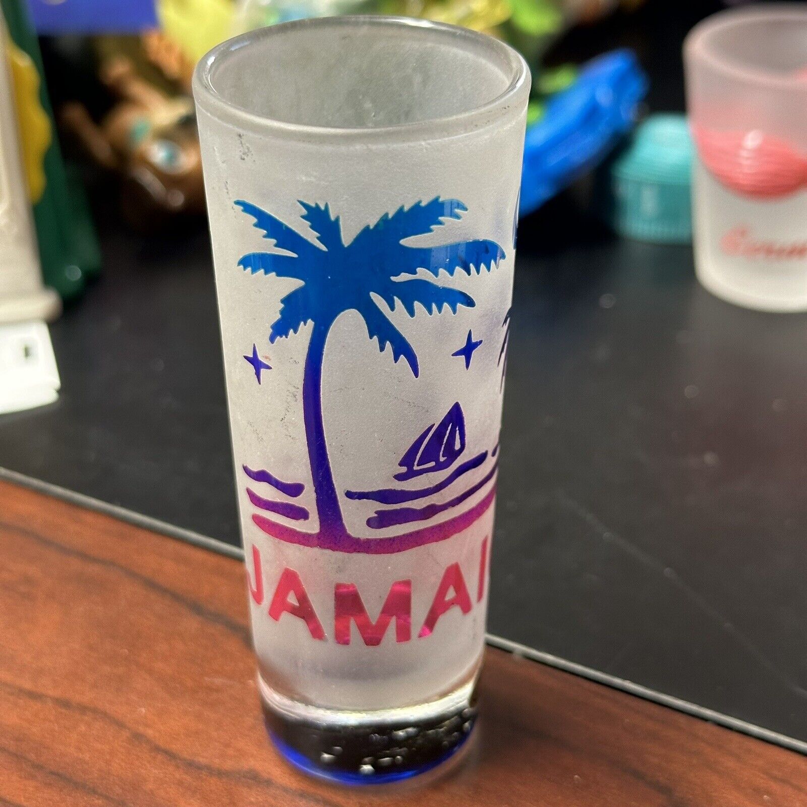 Jamaica tall frosted shot glass palm tree moon beach sailboat