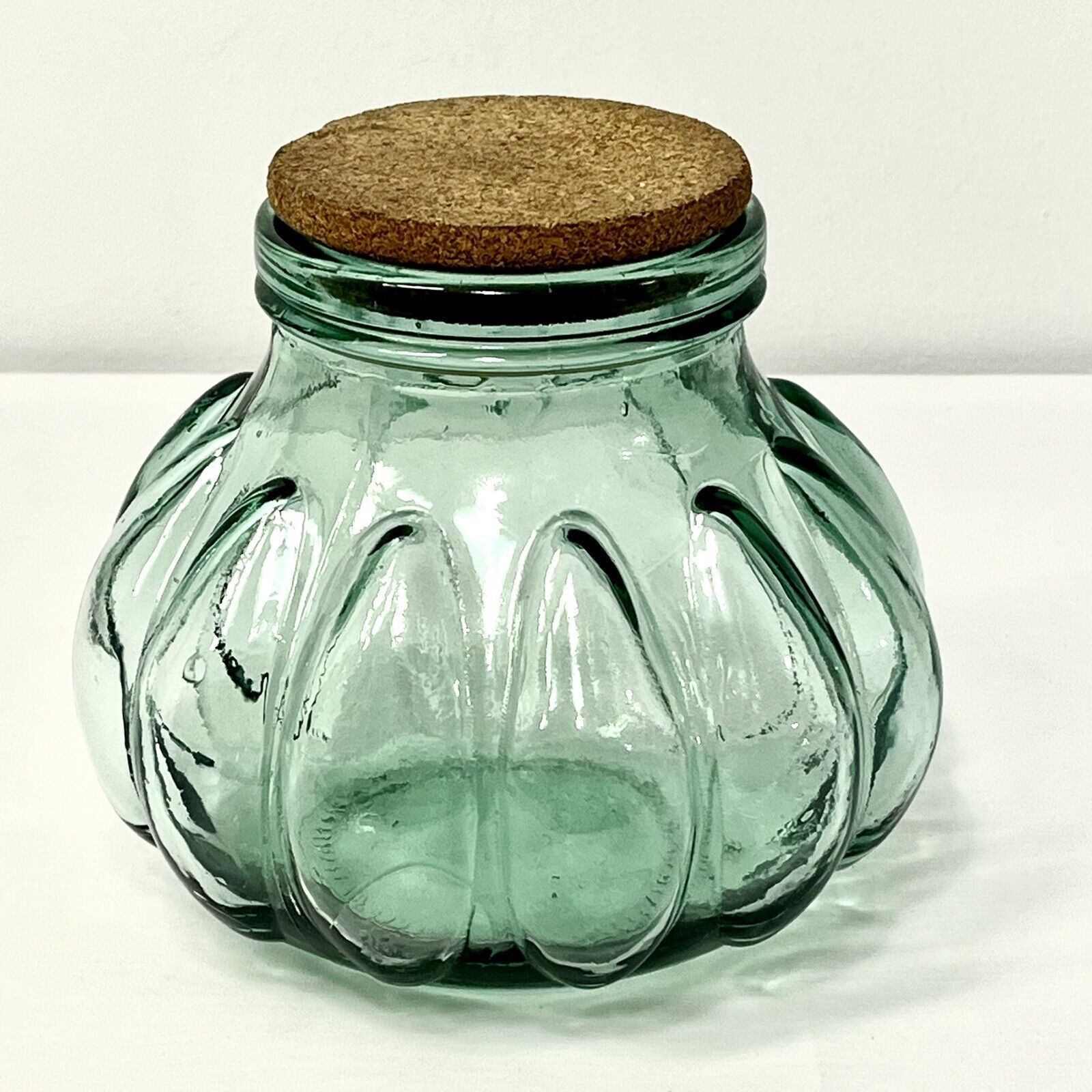 Vintage Melon Jar Green Glass Cork Lid 6” Tall 21” Around Bubbles