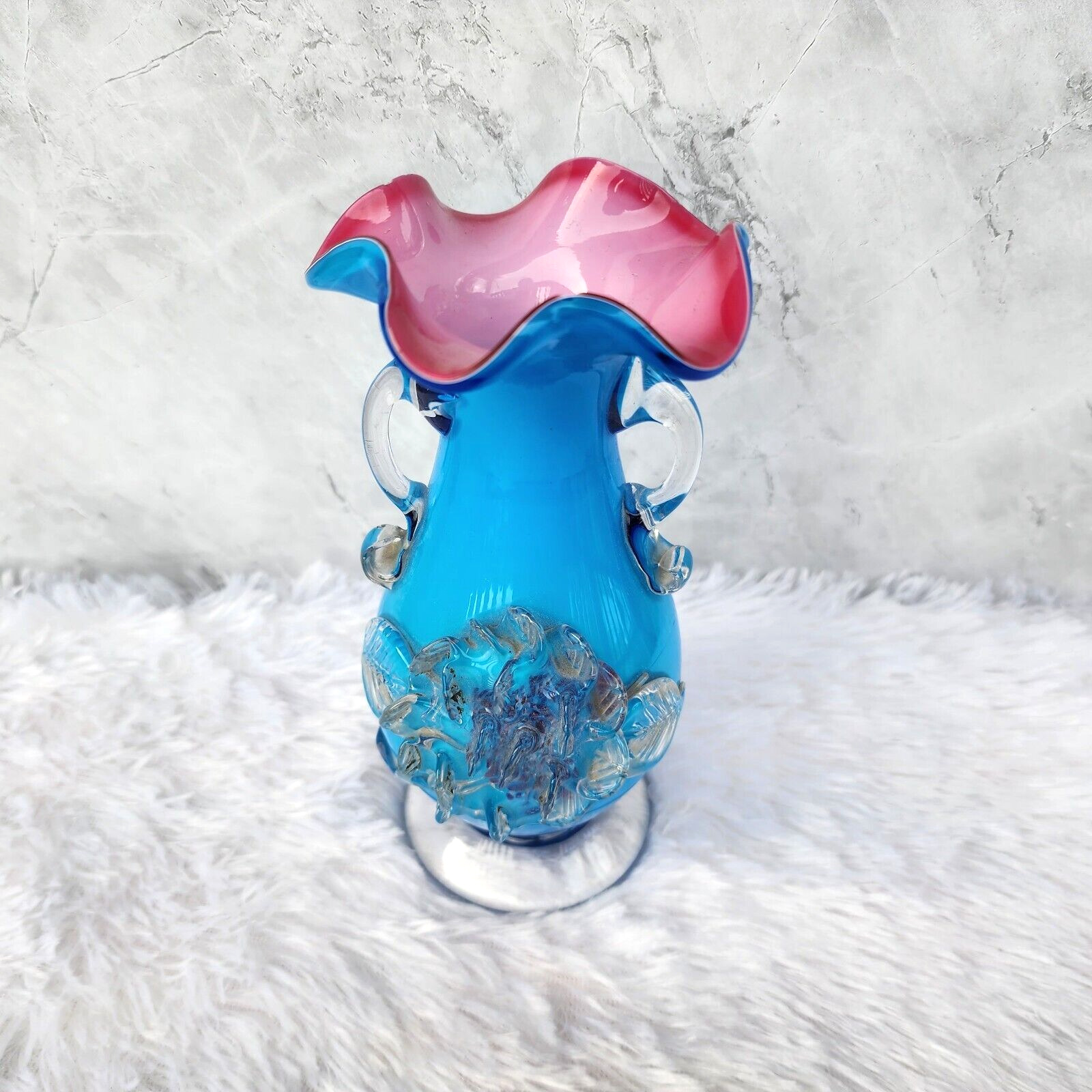 Vintage Floral Blue Pink Glass Pontil Mark Flower Vase Collectible 7.2\
