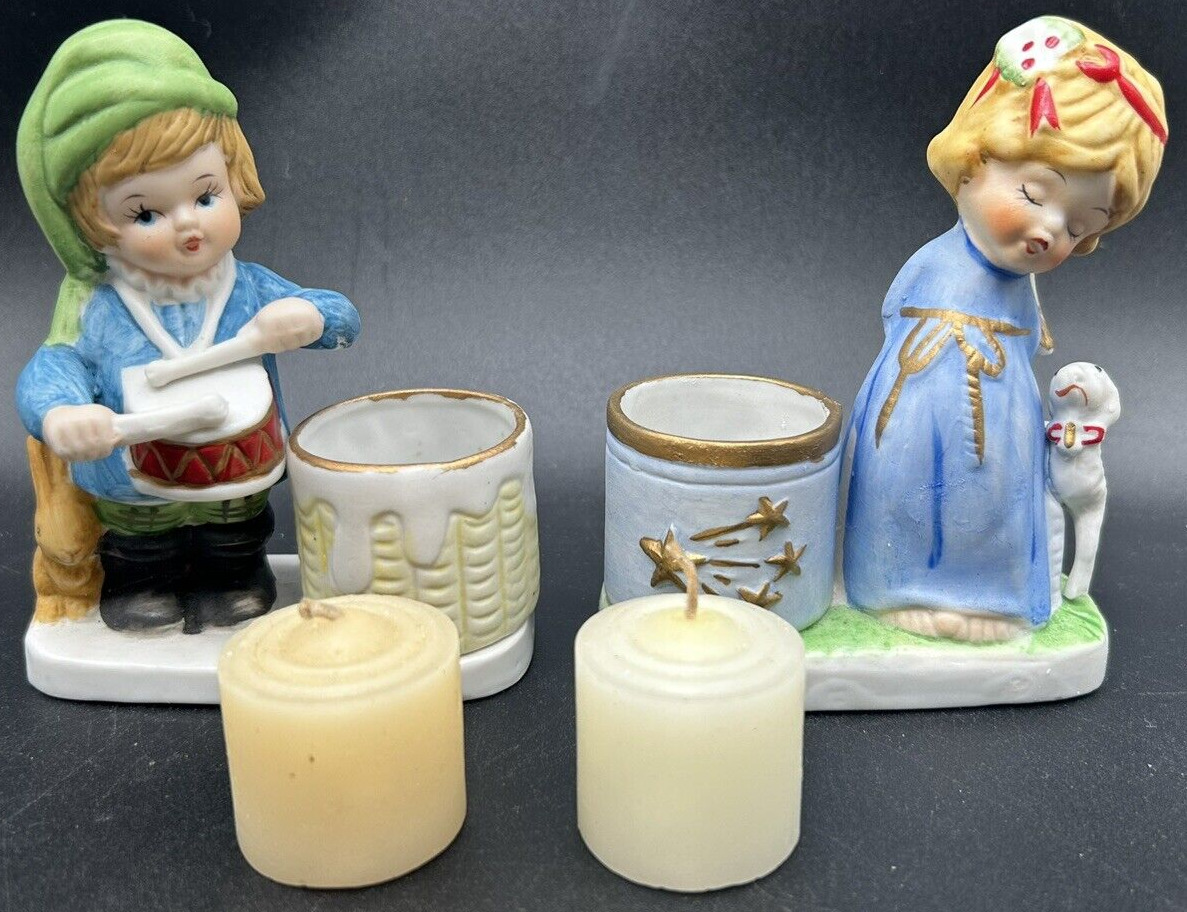 Pair of Vintage 1970s Jasco Christmas Figural Boy & Girl / Angel Candle Holders