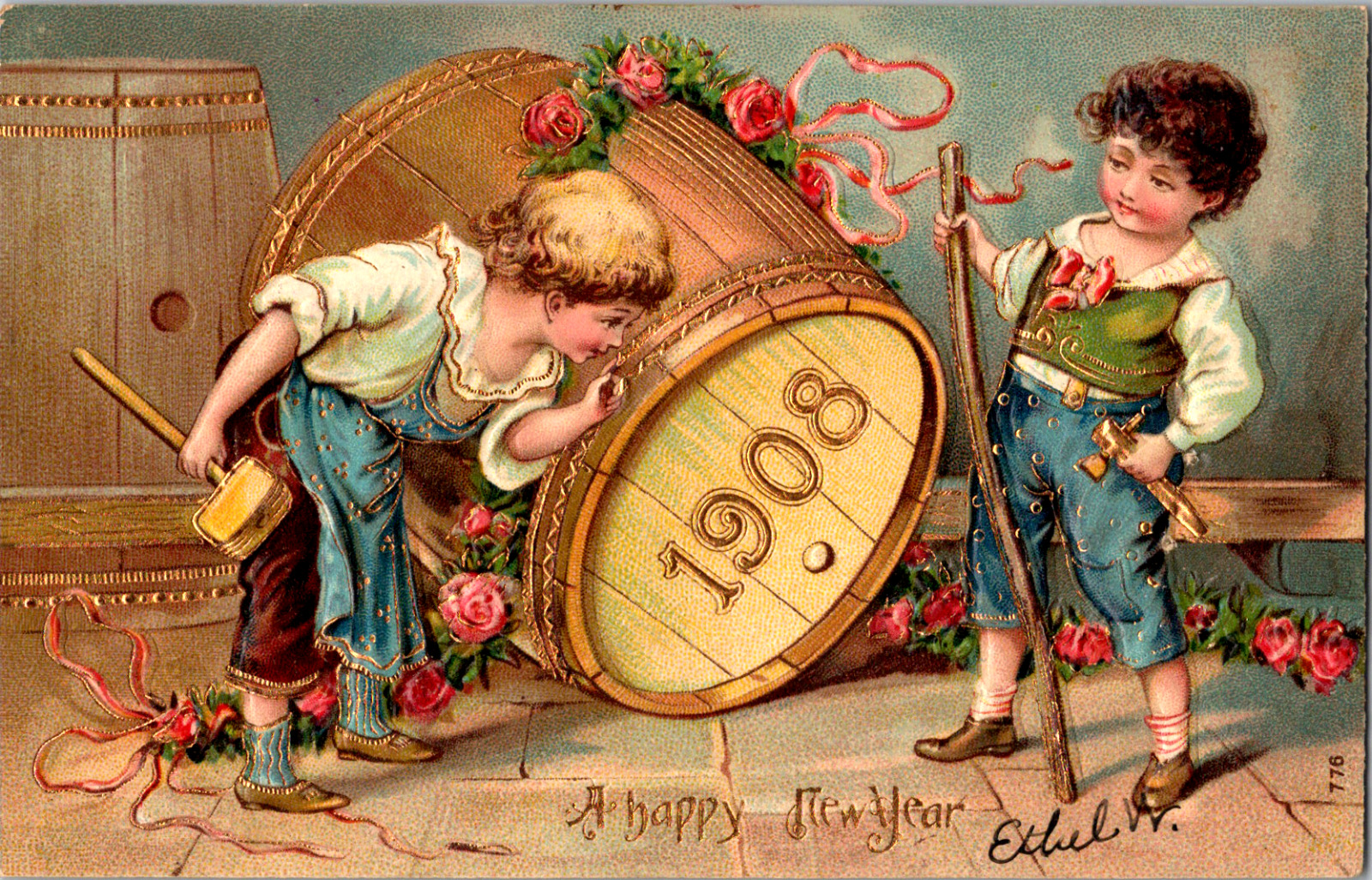 1908 Gold Tone Guild Embossed New Year Postcard Boys Playing Spring City PA 