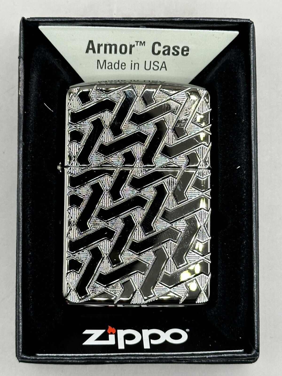 Geometric Weave Deep Carved Black Ice Armor Zippo Lighter NEW 49173