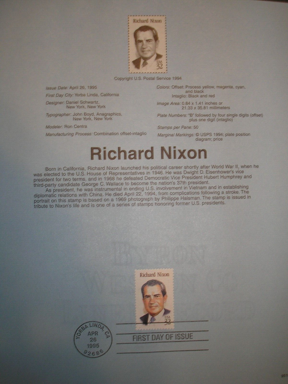USPS Souvenir Page for .32 Scott 2955 Richard Nixon Stamp.
