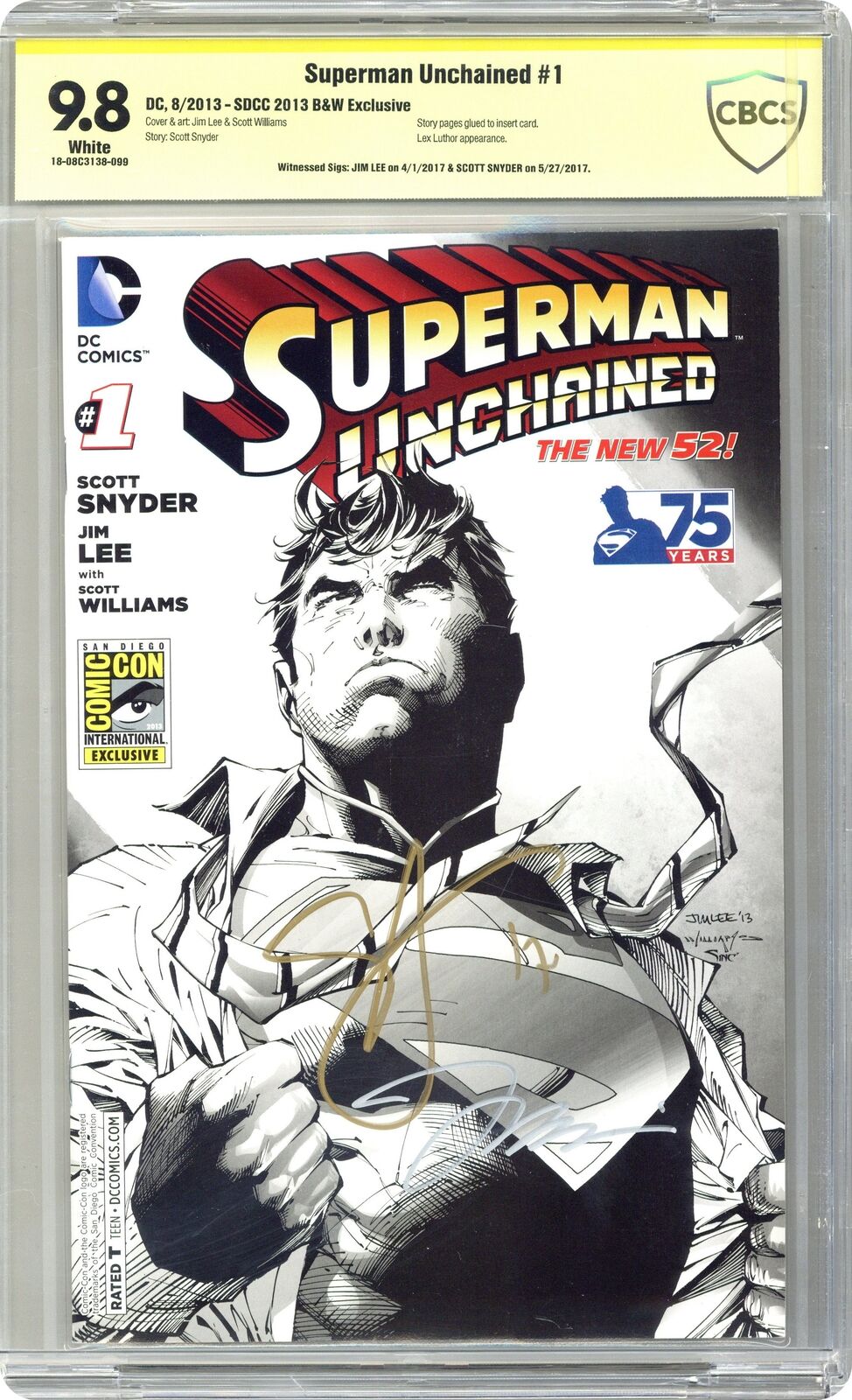 Superman Unchained #1 Lee SDCC B&W Variant CBCS 9.8 SS Lee/Snyder 2013