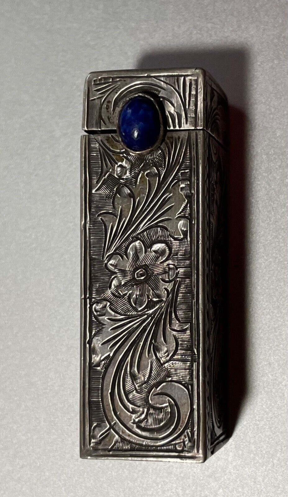 Vtg 800 Sterling Silver Ornate Lipstick Holder Mirrored Lid Deep Blue Stone