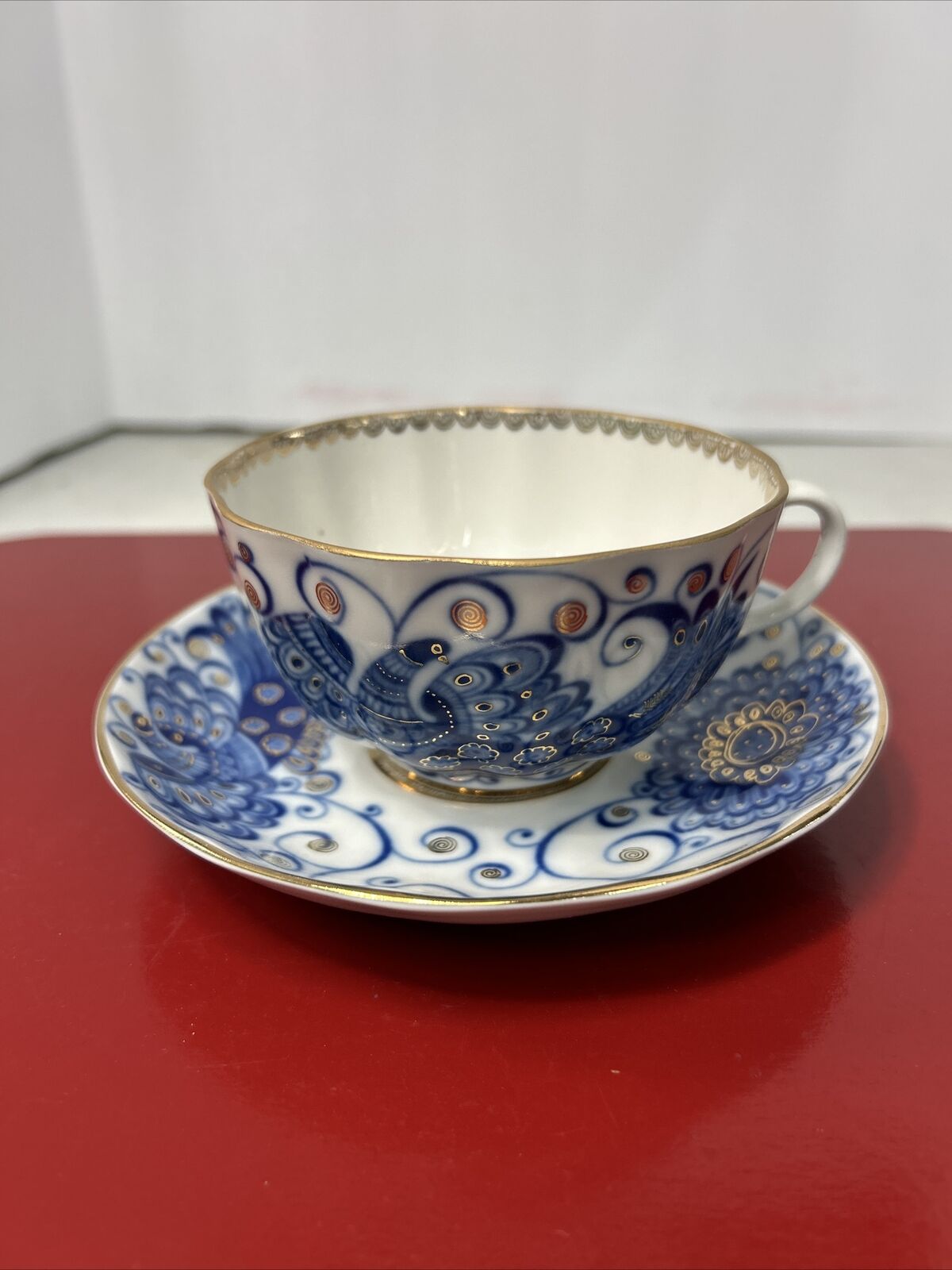 Vtg Lomonosov Peacock Cup and Saucer Porcelain Cobalt Blue Made in USSR