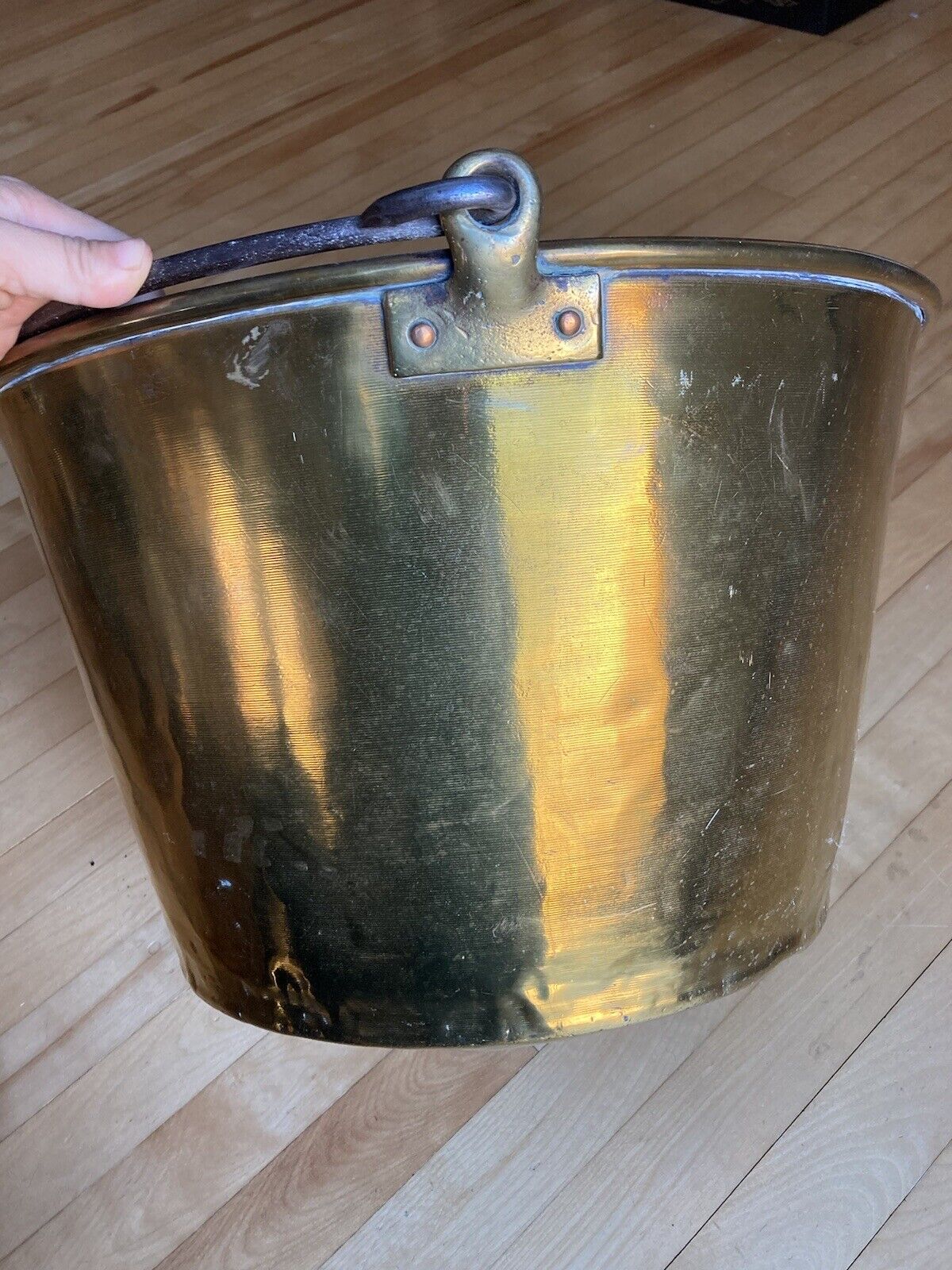 Antique XXL 18” Dated 1866 Brass Cauldron Apple Butter Pot wrought Iron Handle