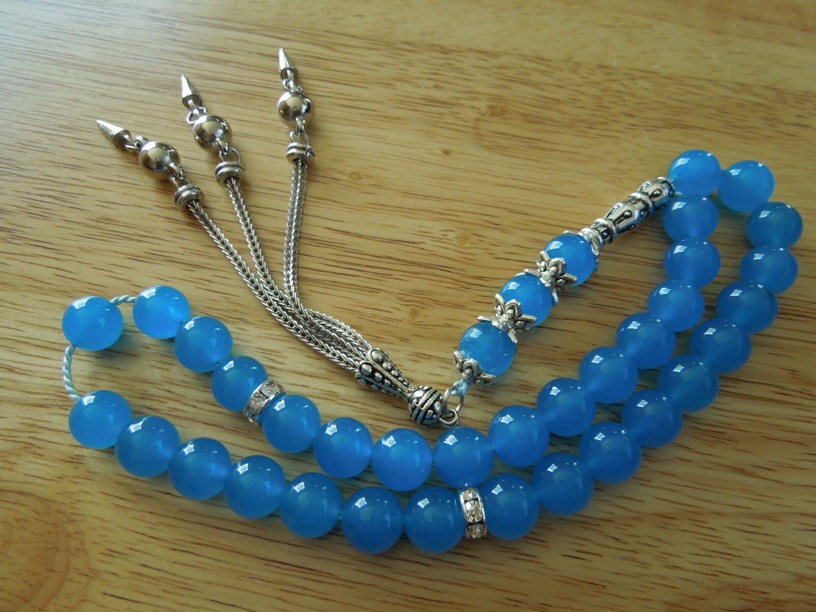Blue Topaz Royal 250 ct Natural Prayer 33 Bead Silver Natural Silk String