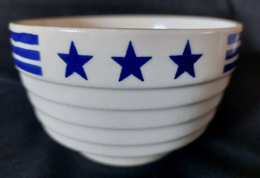 Vintage Farmhouse Bowl - Made in USA -  Cream w/Blue Stars & Stripes Rib Beehive