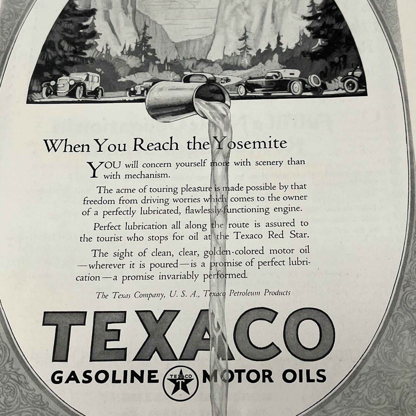 1920s Original Vintage Texaco Motor Oil Yosemite National Park Print Ad