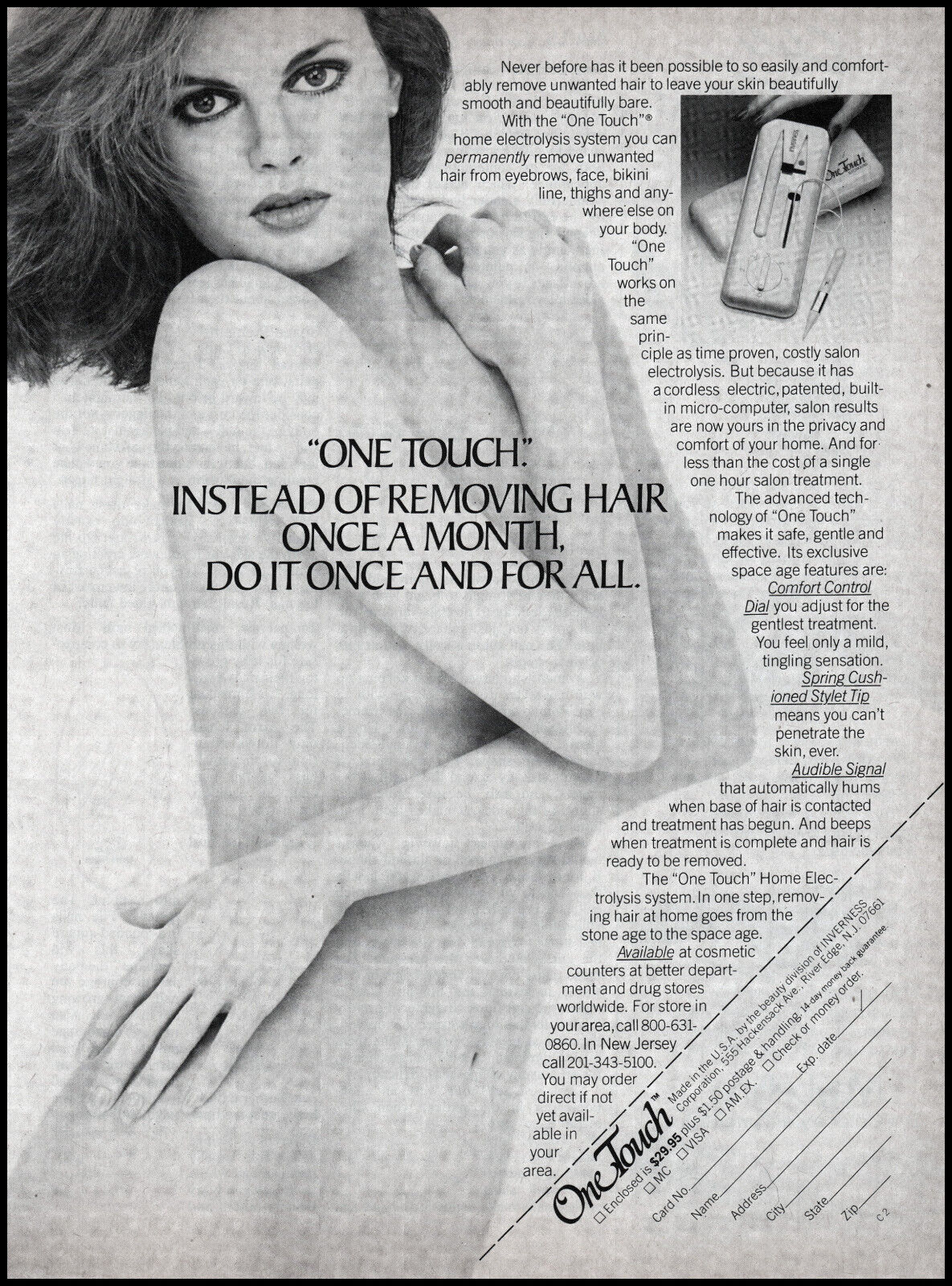 1981 Sexy unclothed woman One Touch hair removal retro photo print ad S10A