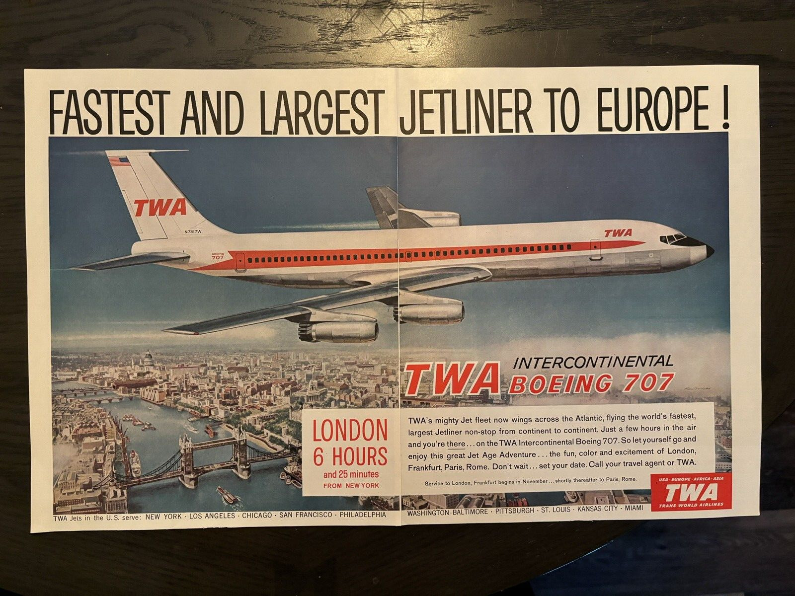 Trans World Airlines Boeing 707 Intercontinental Jet Vintage Print Ad 1959