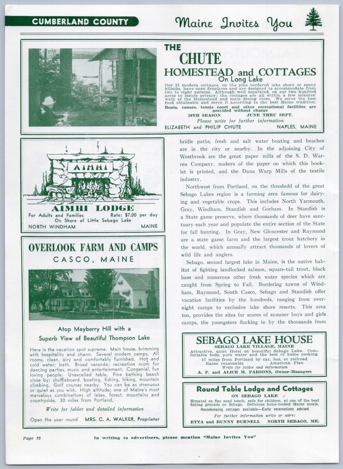 1948 Chute Homestead & Cottages Long Lake Naples Maine + Overlook Farm Casco
