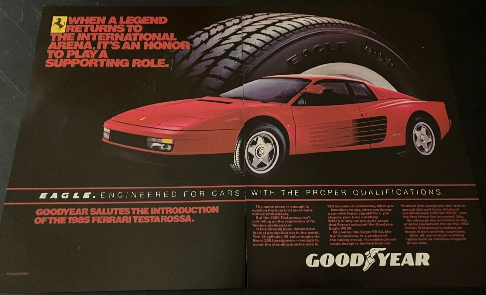 1985 Goodyear Tires / Ferrari Testarossa - Vintage Original Print Ad / Wall Art