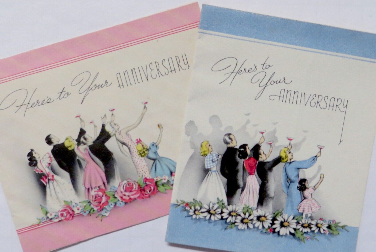 Vtg Lot 2 Anniversary Cards-PEOPLE TOASTING WITH CHAMPAGNE-Nice Graphics