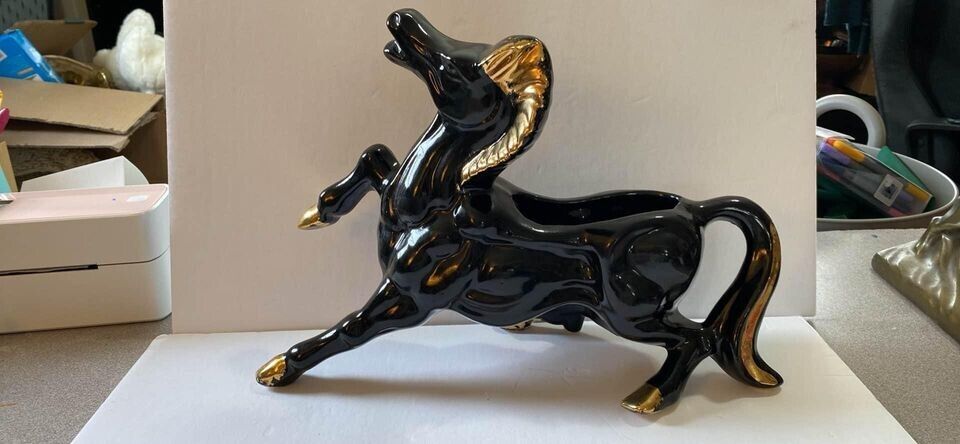 Vintage MCM Powerful, Heavy Black and Gold Horse Planter Ceramic 10”x14”