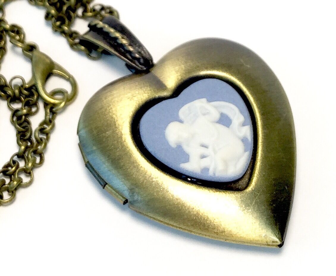Wedgwood Jewelry, Cameo On Antique Brass Heart Shaped Locket Pendant w/Chain