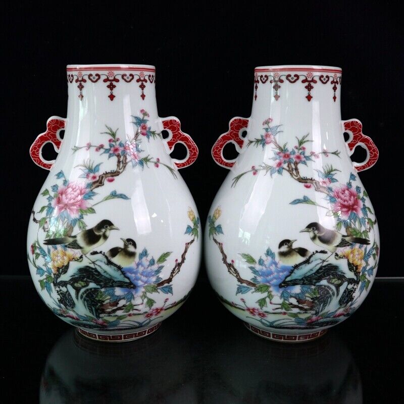Exquisite pair china Famile-rose Porcelain two Ear zun vase painting bird flower