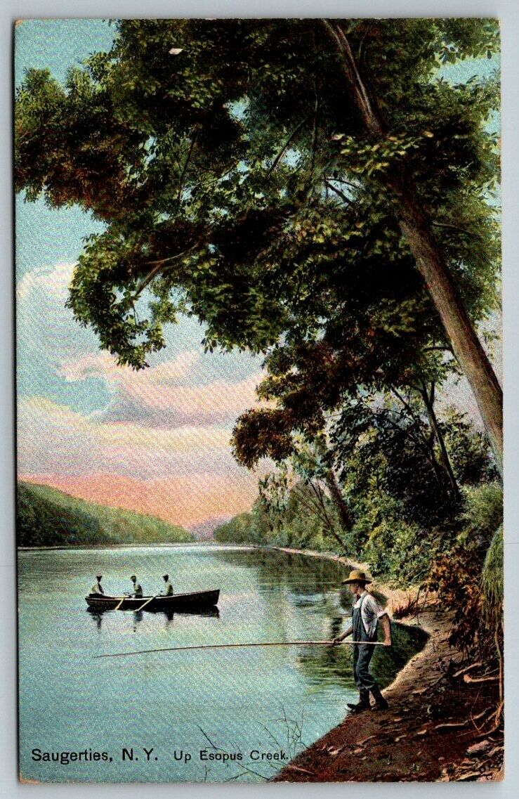 Saugerties  New York  Cane Pole Fishing Canoe Esopus Creek  Postcard  1911