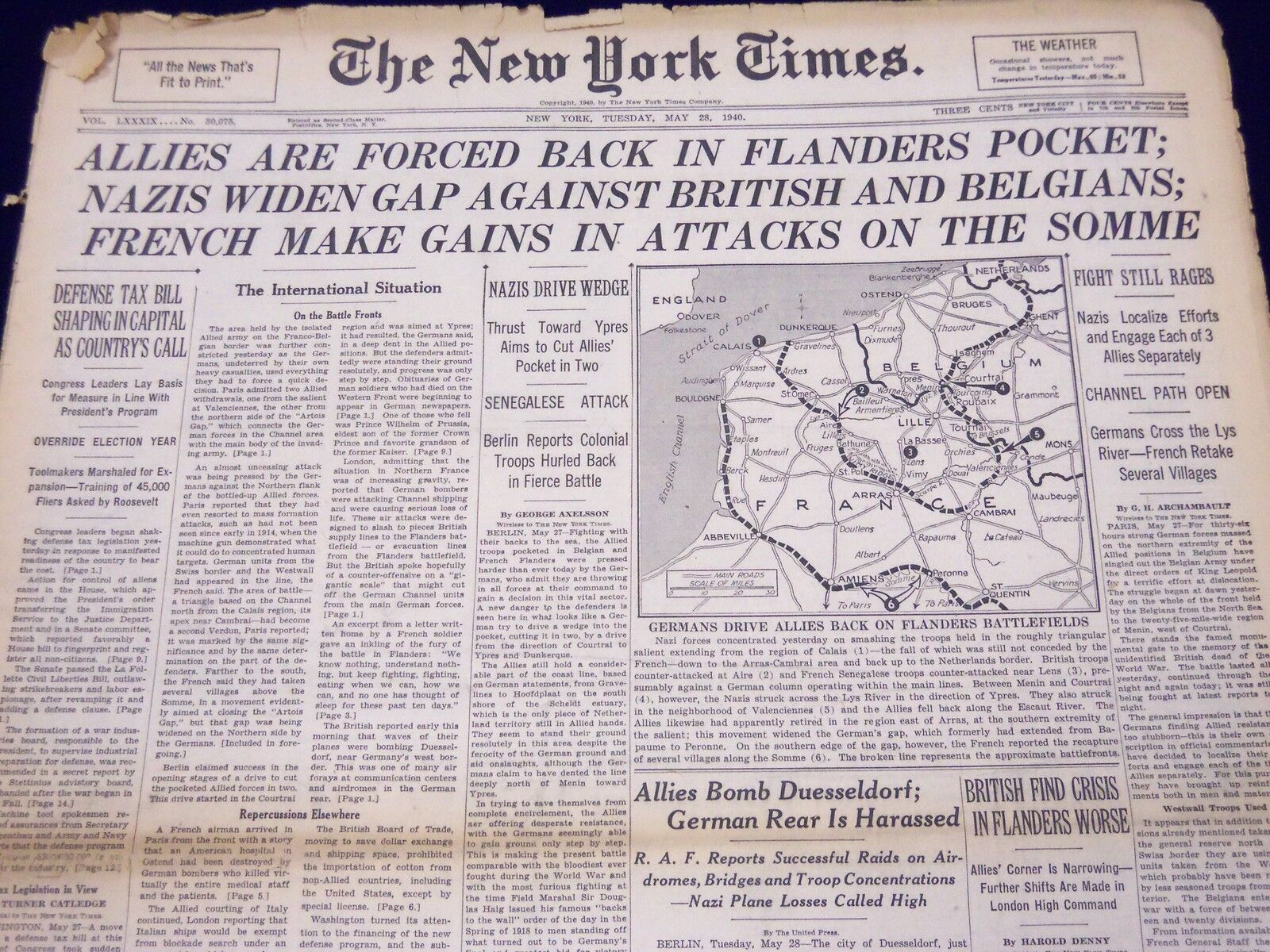 1940 MAY 28 NEW YORK TIMES - ALLIES ARE FORCED BACK IN FLANDERS POCKET - NT 201
