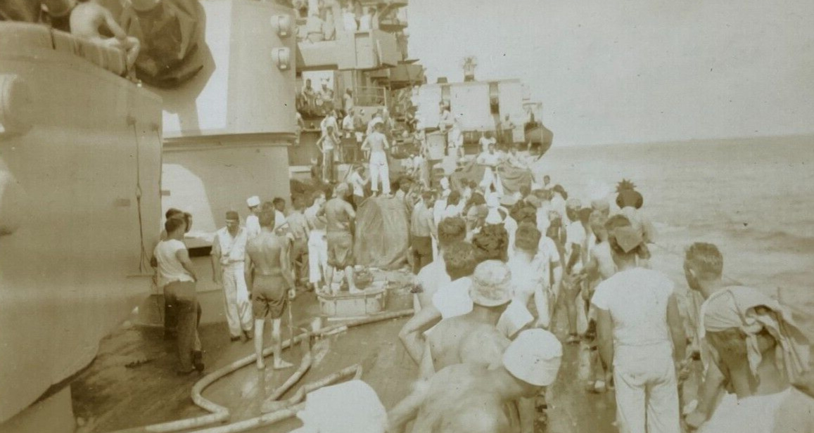 Group Of US Navy Sailors On Ship At Sea B&W Photograph 2.75 x 4.5