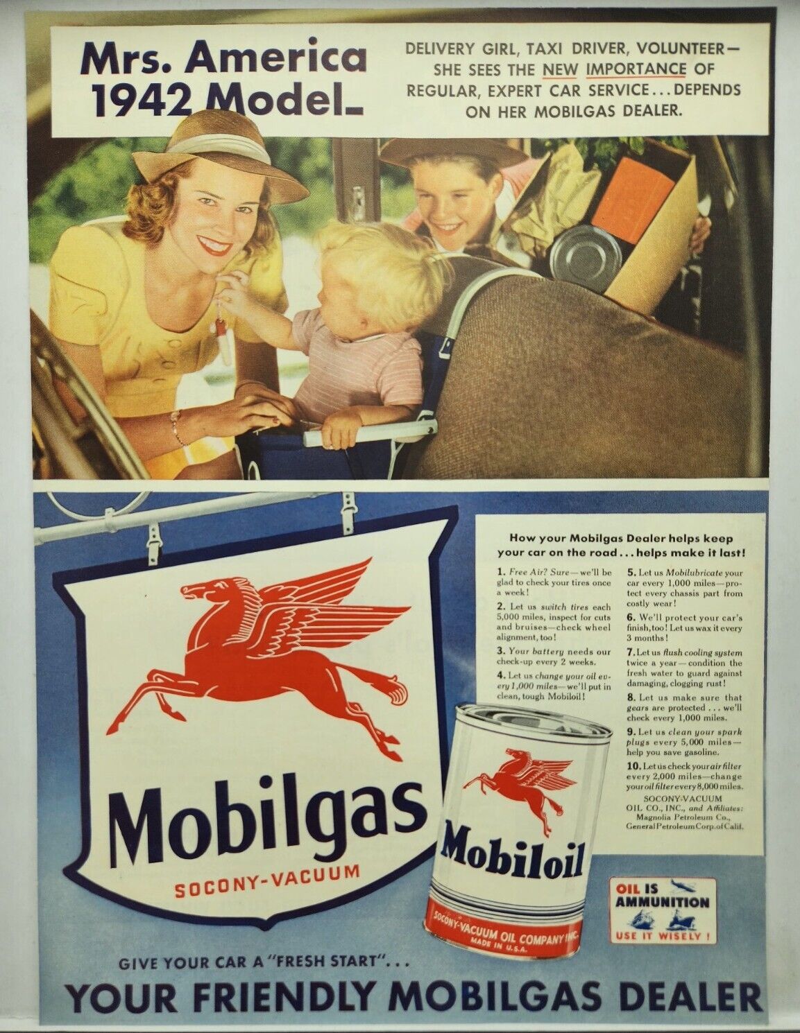 1942 Mobil Gas Oil Socony-Vacuum Mrs America Model Vintage Print Ad Man Cave Art