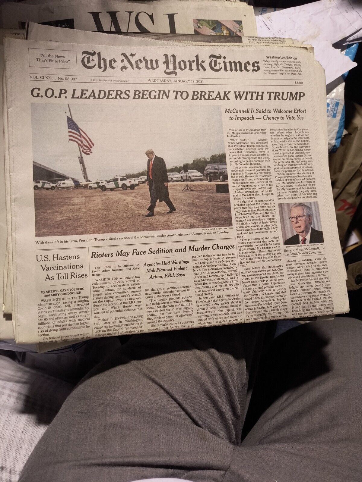 The New York Times Wednesday January 13 2021 G.O.P. Leaders Begin To Break With