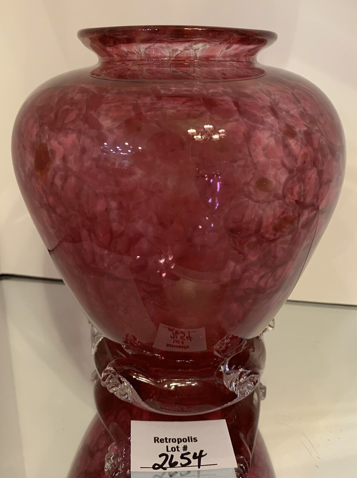 Art Glass Vase Cranberry Marbled with Gold Sparkles Marked Ruby Glass 2012