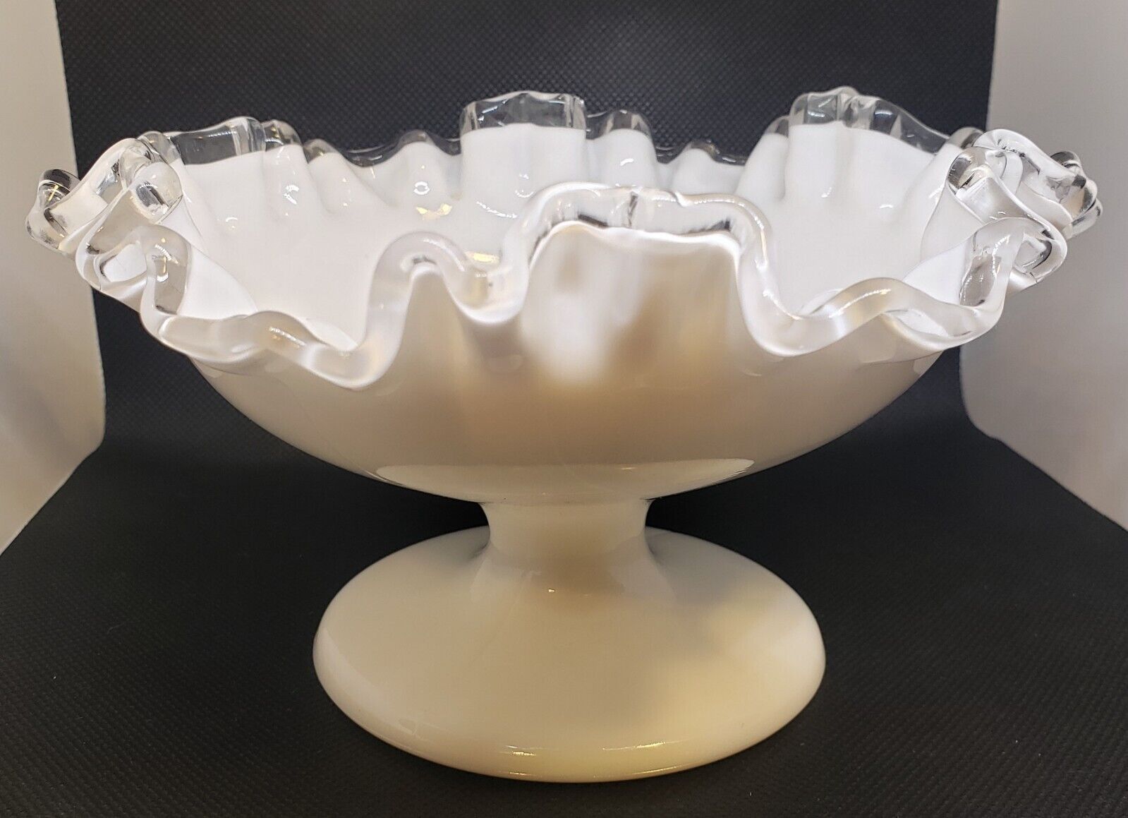 Vintage 1950s Fenton White Milk Glass Silver Crest Ruffled Pedestal Compote Bowl
