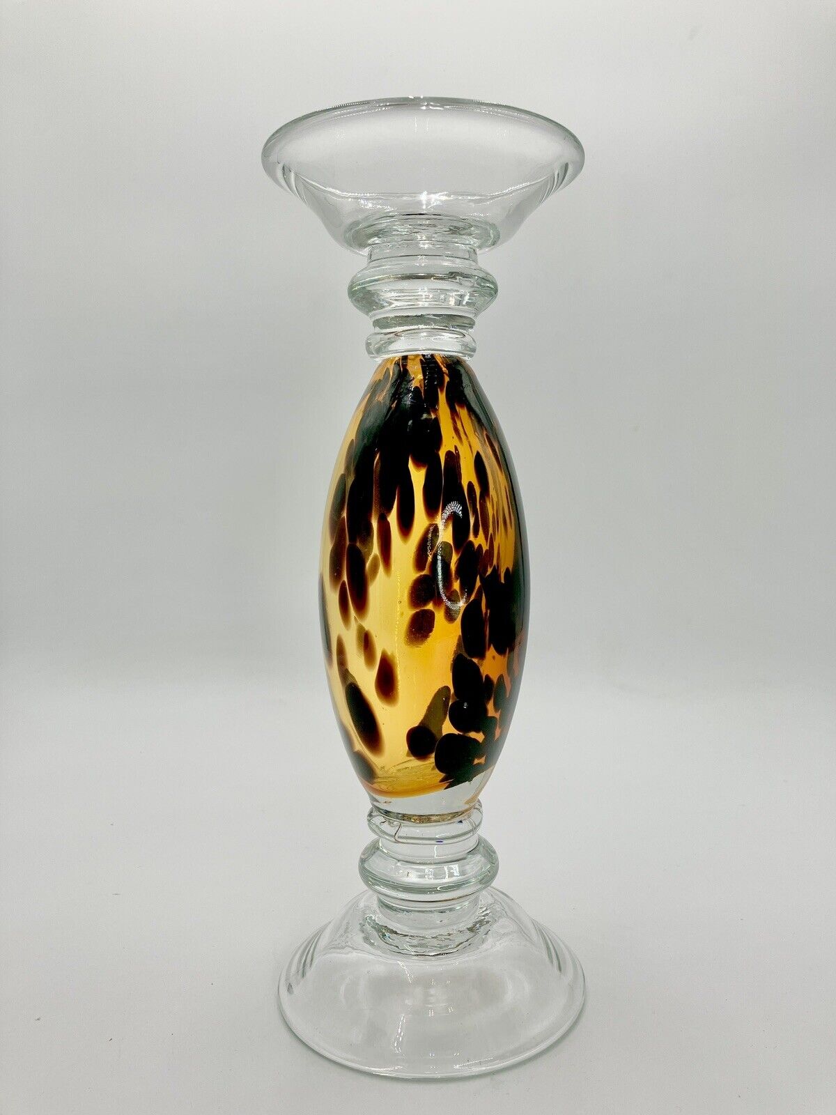 Amber Hand Blown Art Glass Leopard Print 12” Pillar Candle Holder Abstract Art