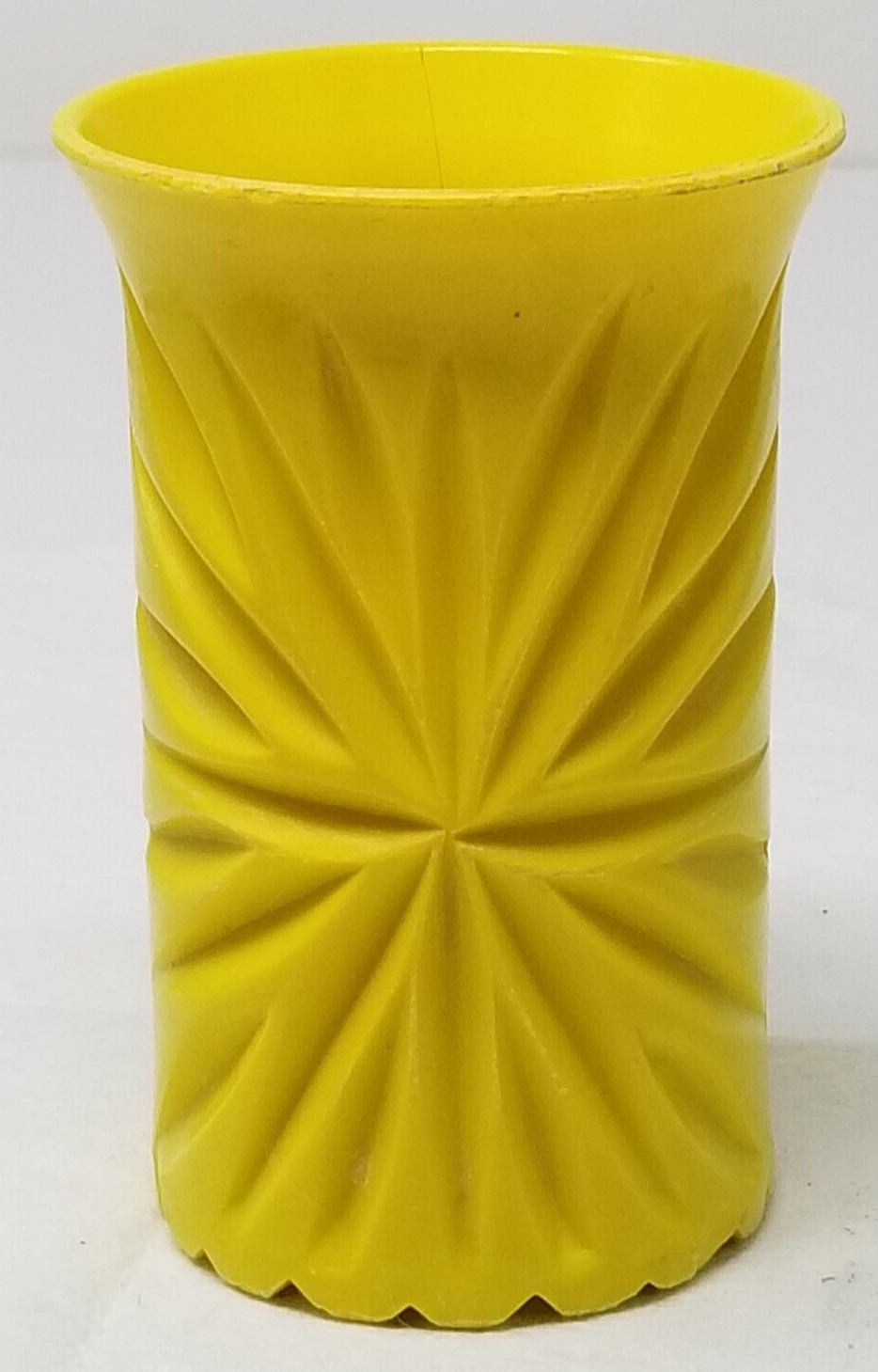 Mid Century Modern Yellow Sunburst Juice Cup Plastic Textured Bright Vintage