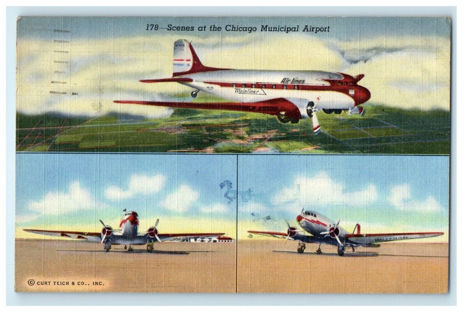 1943 Scenes at the Chicago Municipal Airport Posted Cancel Vintage Postcard