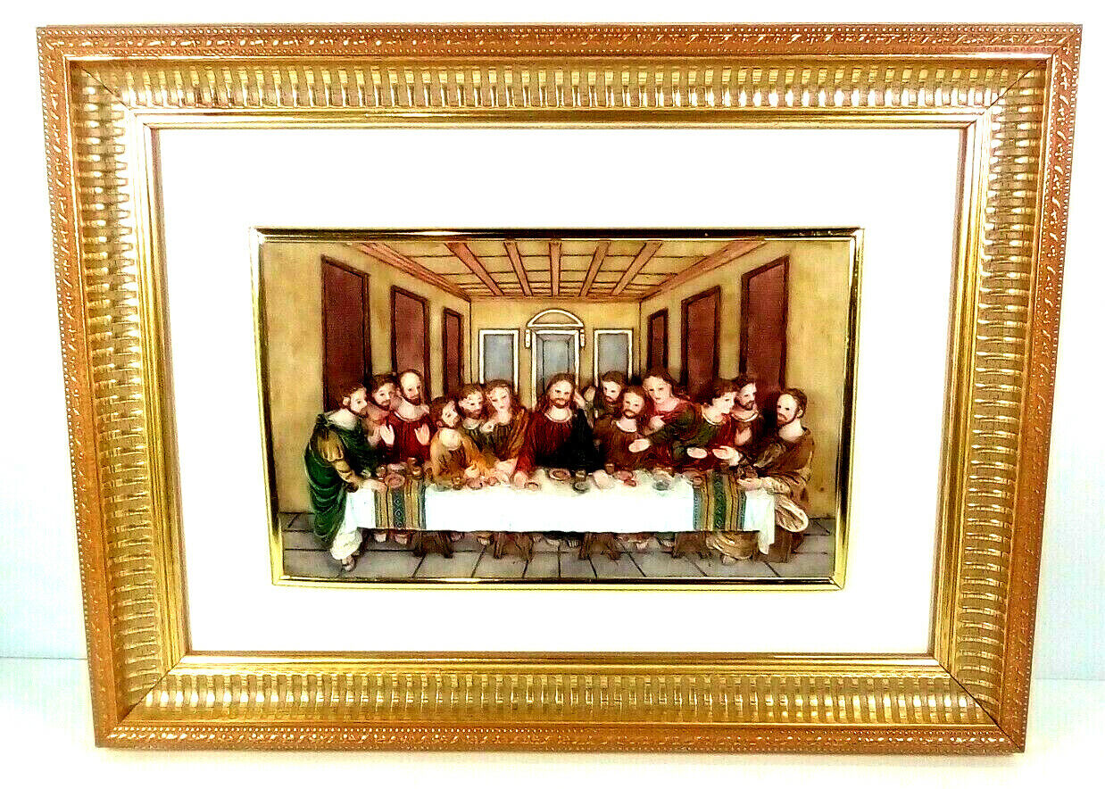 Lord Jesus Christ The Last Supper Ceramic Hard Plastic Framed Portrait Gold Edge