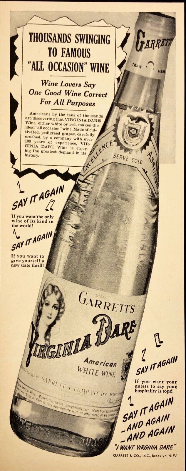 1943 Virginia Dare White Wine 1000s Swinging To Famous Wine Vintage Print Ad
