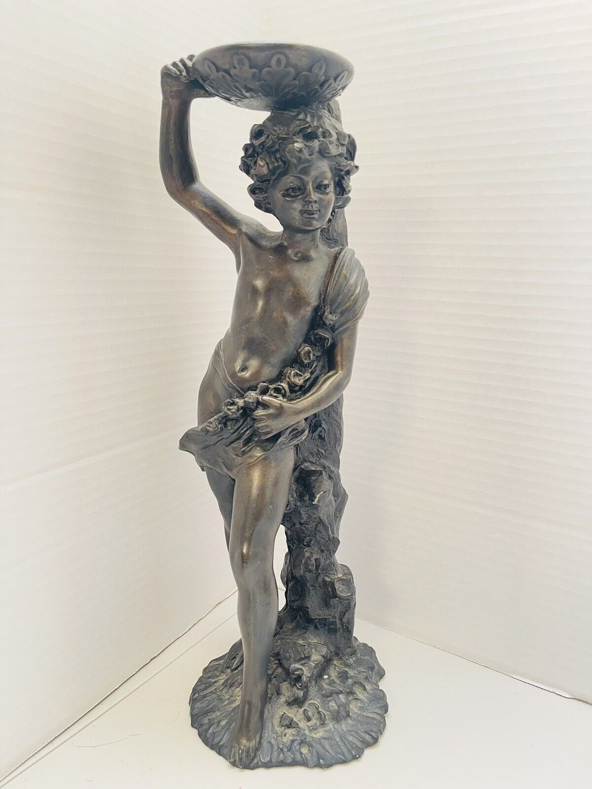 Bronze Metal Candle Holder Cherub Cupid Vintage 16-in Tabletop Figurine