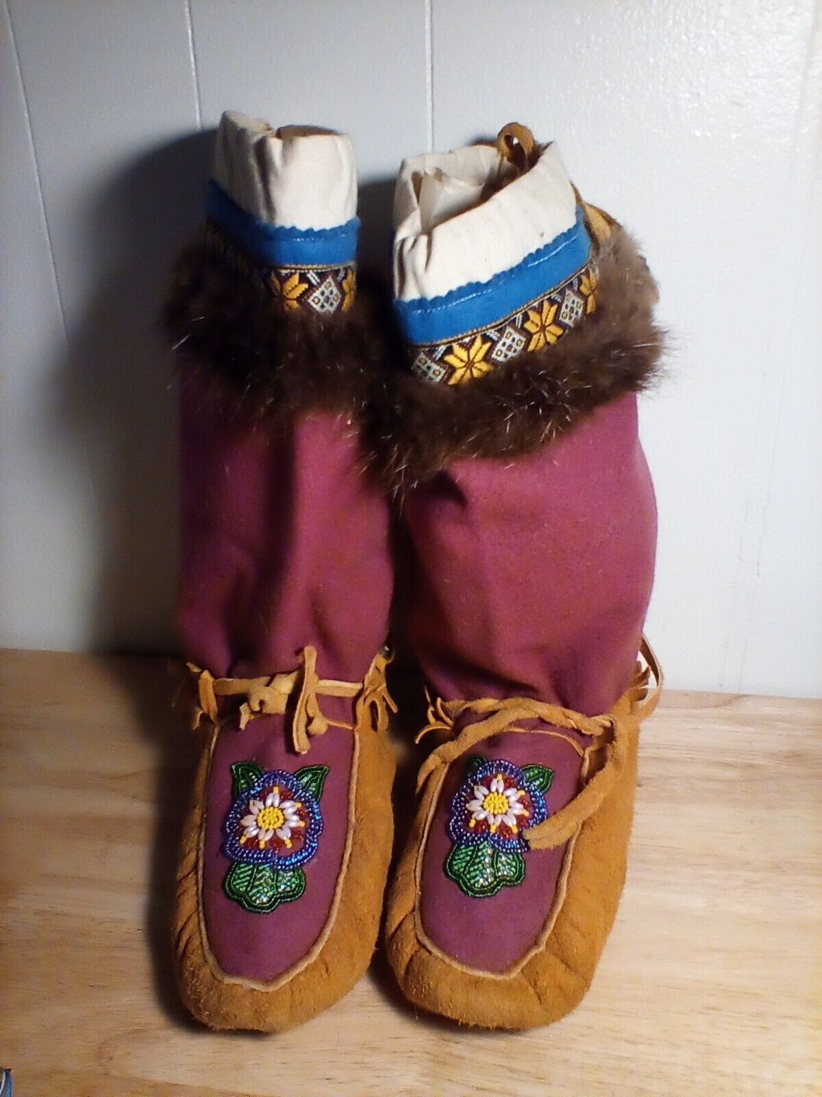 Vintage Handmade Wool Leather Beaded Fringed Moccasins Boots