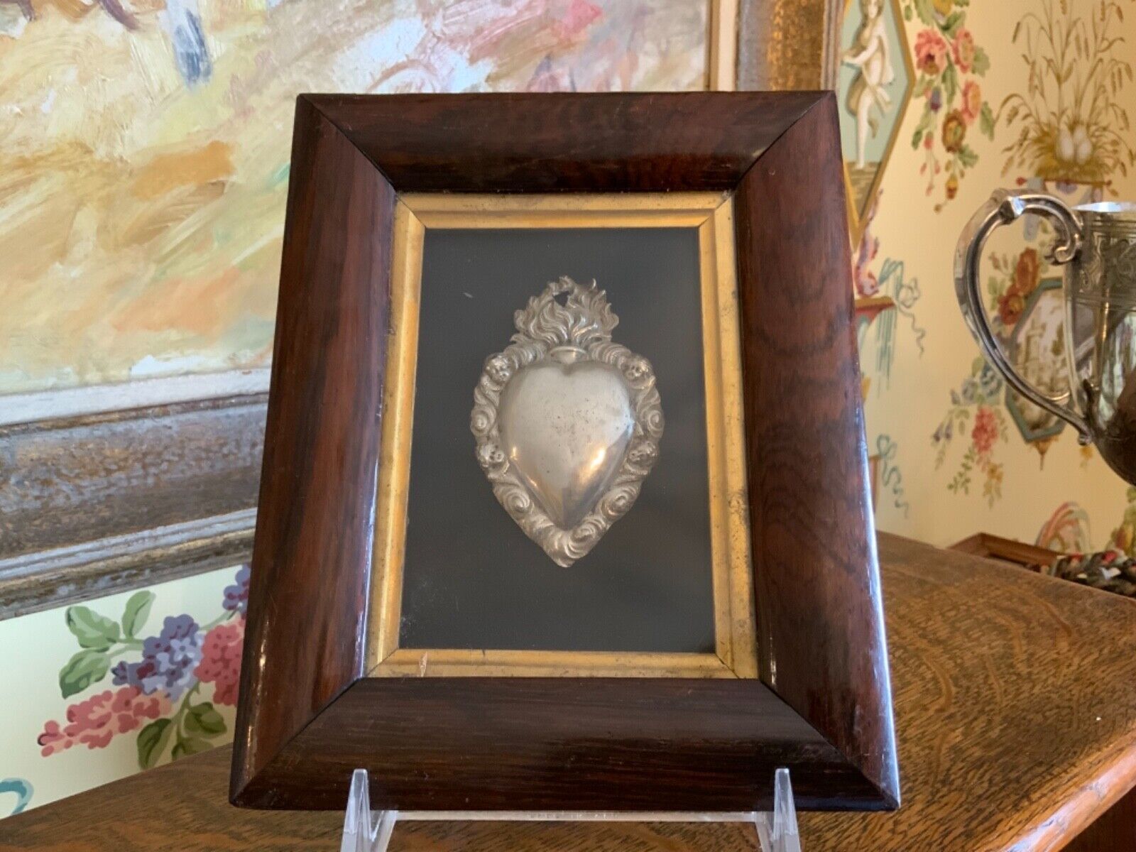 19th Century French Religious Framed Silver Flaming Sacred Heart Circa late 1800