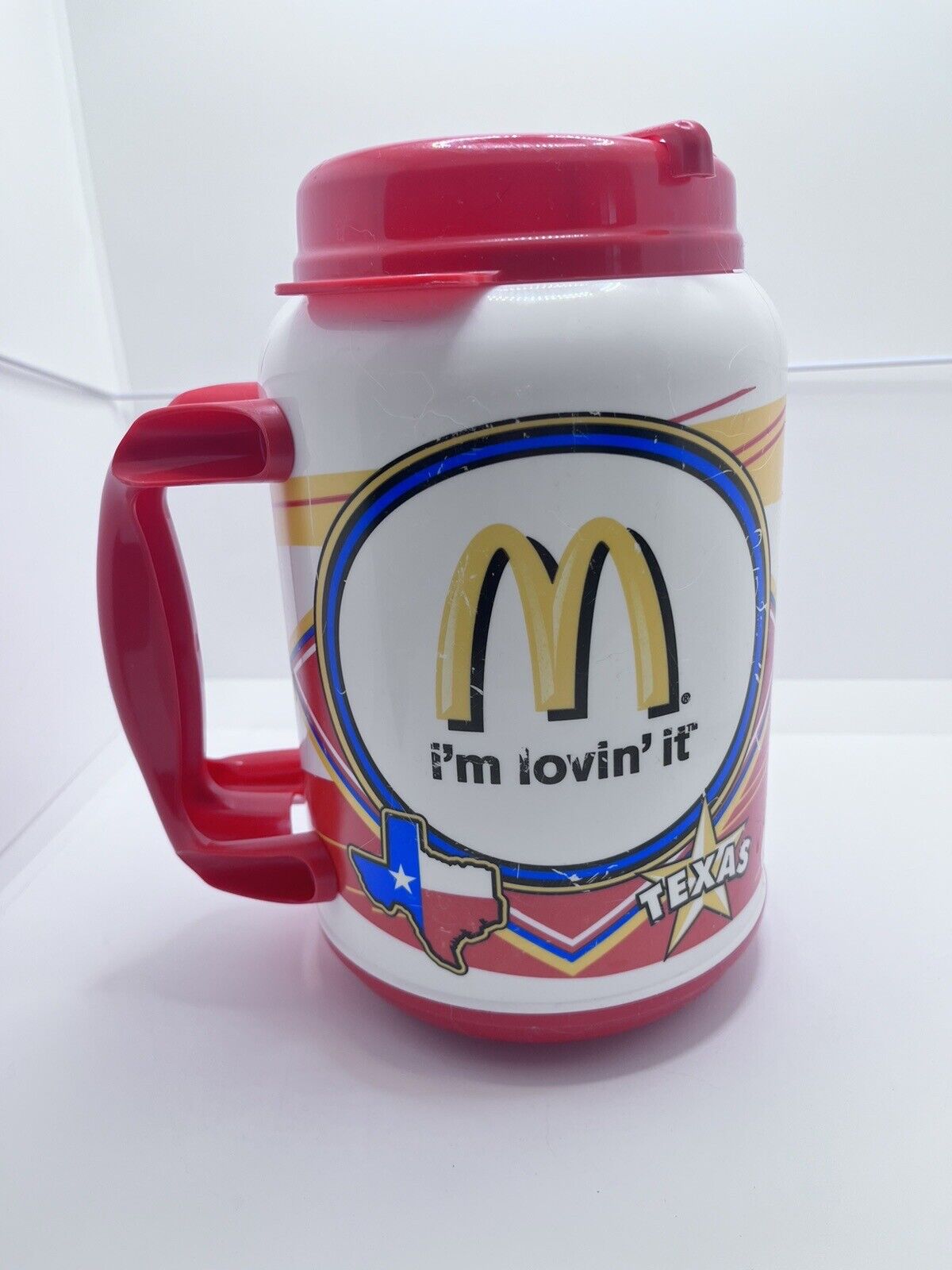 McDonald’s Whirley Plastic Travel Mug Coffee Retro 44 oz / I\'m Lovin\' It Texas