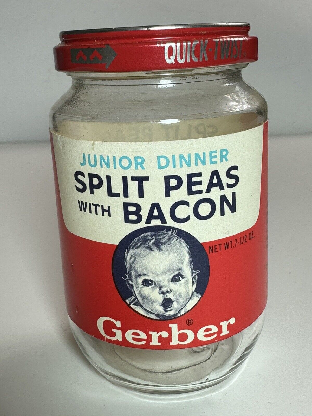 VTG 1960s GERBER Baby Food Junior Split Peas w/ Bacon Jar Red Label 7 1/2 oz