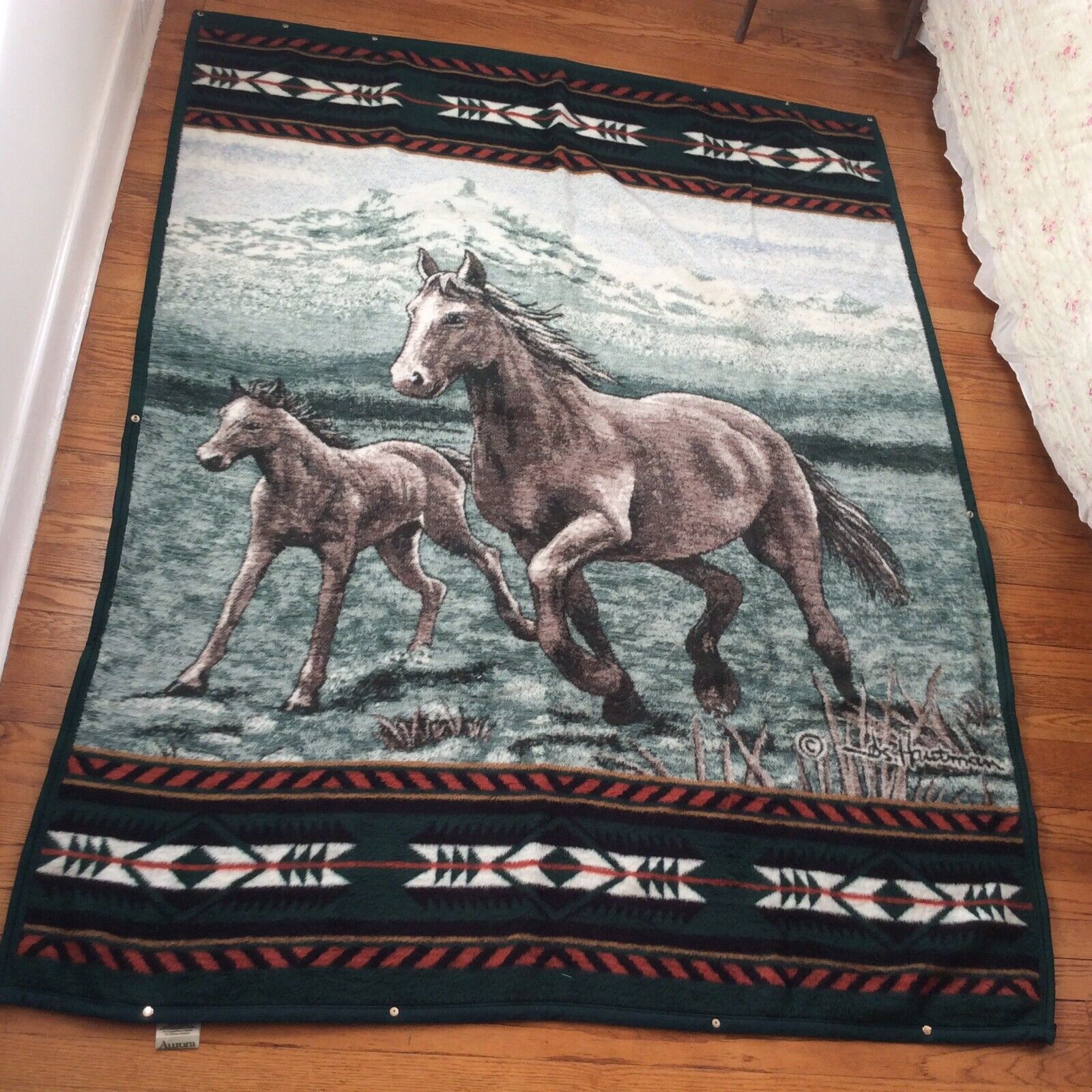 Biederlack Aurora Cuddle Wrap Blanket Aztec Tribal Horses Green Multi 77” X 58”